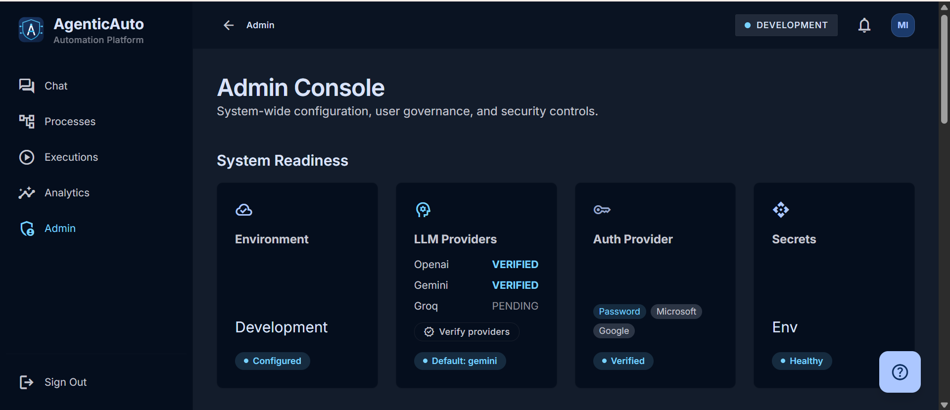 Admin — provider readiness