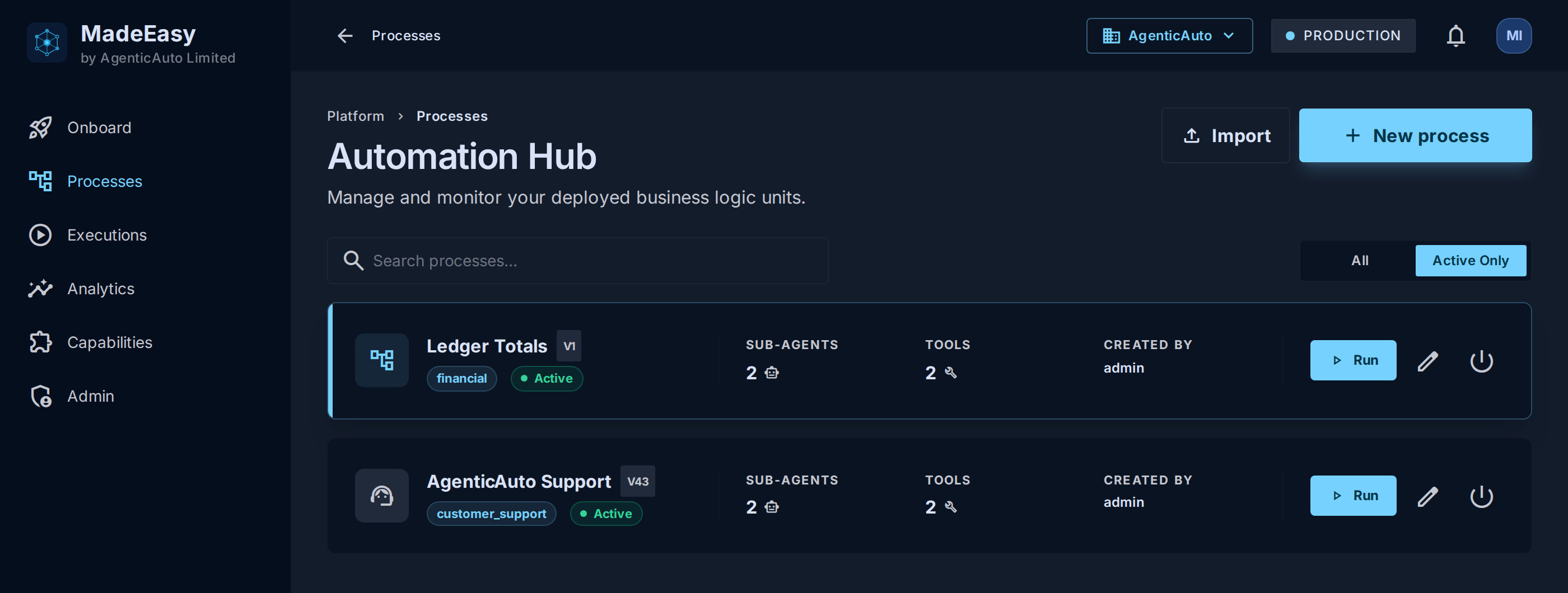 MadeEasy Automation Hub: live processes such as AgenticAuto Support and Ledger Totals, each showing its sub-agents, tools and status.